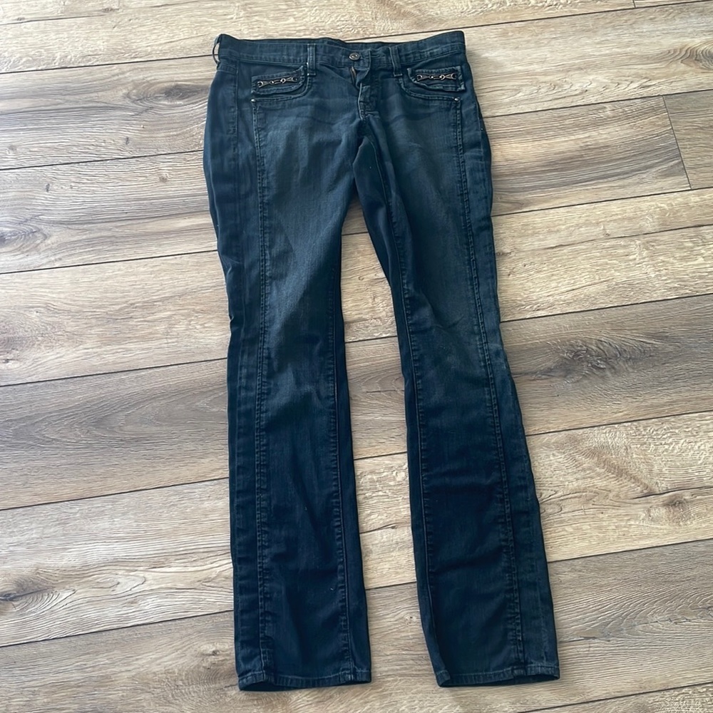 straight leg black jeans, good condition. small bleach stain back of left knee.